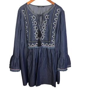 eShakti Embroidered Boho Peasant Tunic Top Chambray Blue Tassel 3X 26W